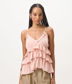 Blusa em Viscose com Decote V e Babados em Camadas