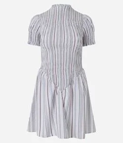 Vestido Curto Evasê Listrado com Franzidos e Golinha Alta