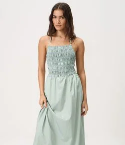 Vestido Midi Listrado com Busto Franzido e Amarração nas Costas