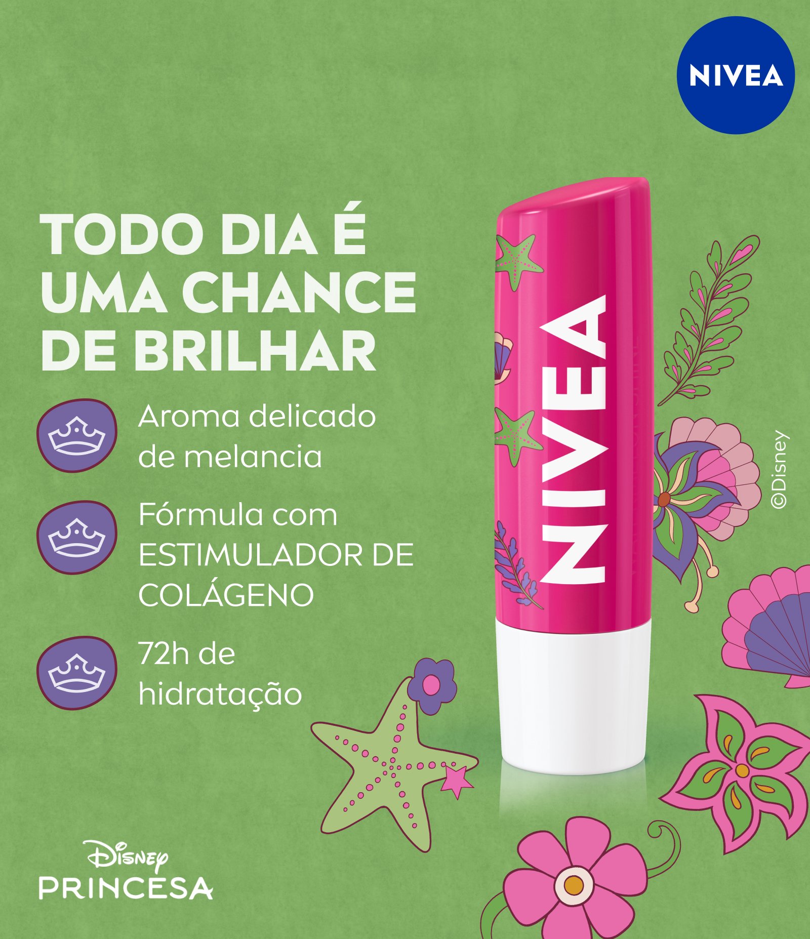 Hidratante Labial Melancia Brilhante Ed. Limitada Ariel Disney® Princesas Nivea 4,8g 3