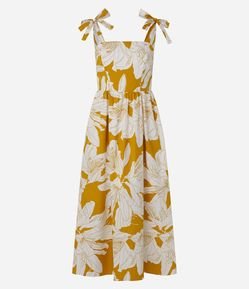 Vestido Longo em Tricoline com Amarrações nos Ombros e Estampa Floral