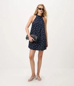 Vestido Curto Halter em Viscose com Estampa Poá