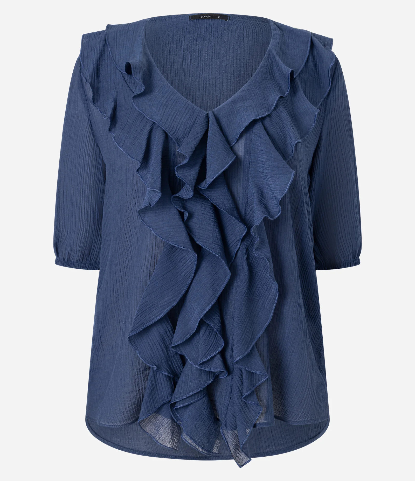 Blusa em Viscose com Decote V e Babados Frontais Azul 1