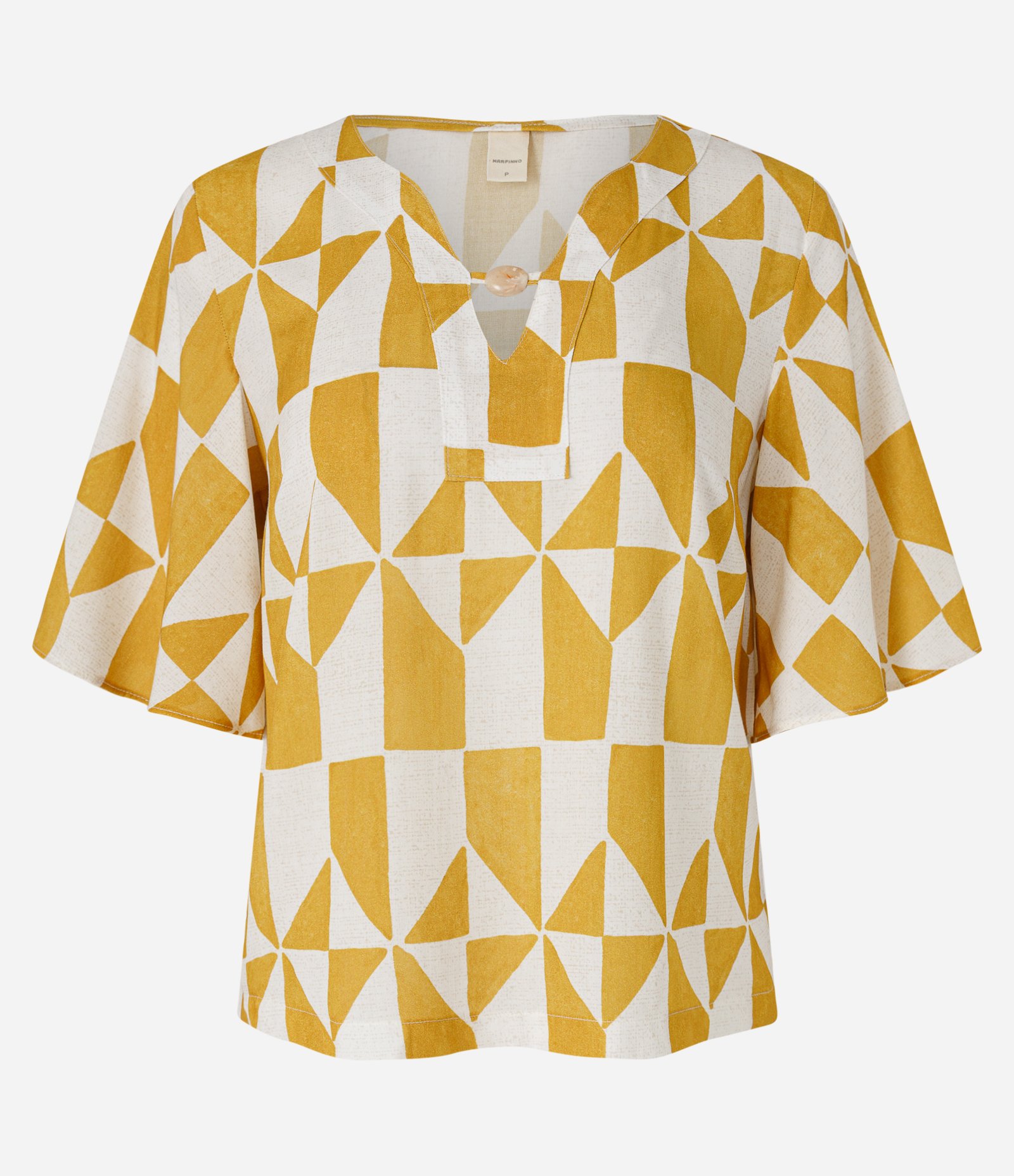 Blusa em Viscose com Estampa Geométrica e Aviamento no Decote Amarelo 1