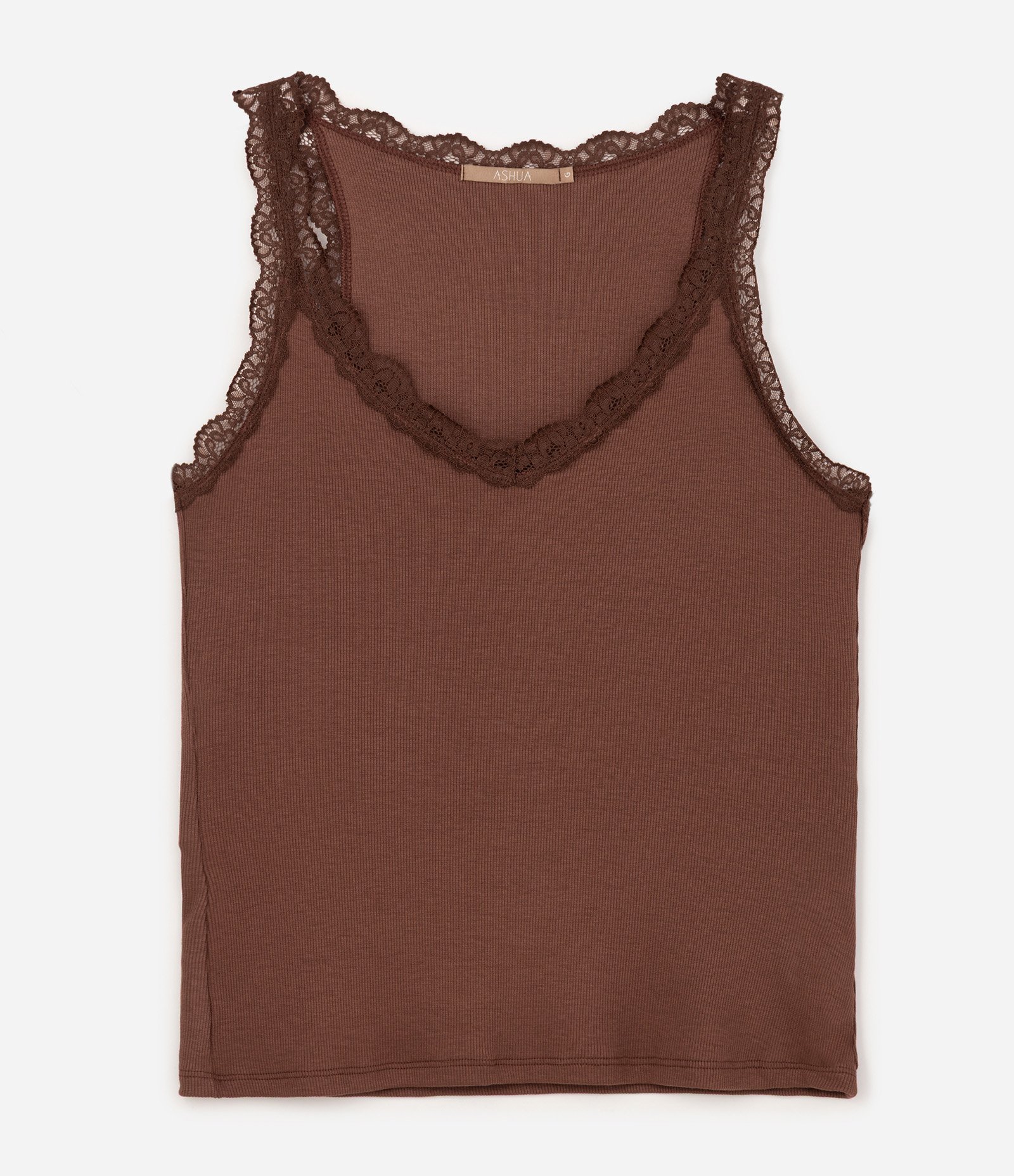 Blusa em Ribana com Acabamento em Renda Curve & Plus Size Marrom 1