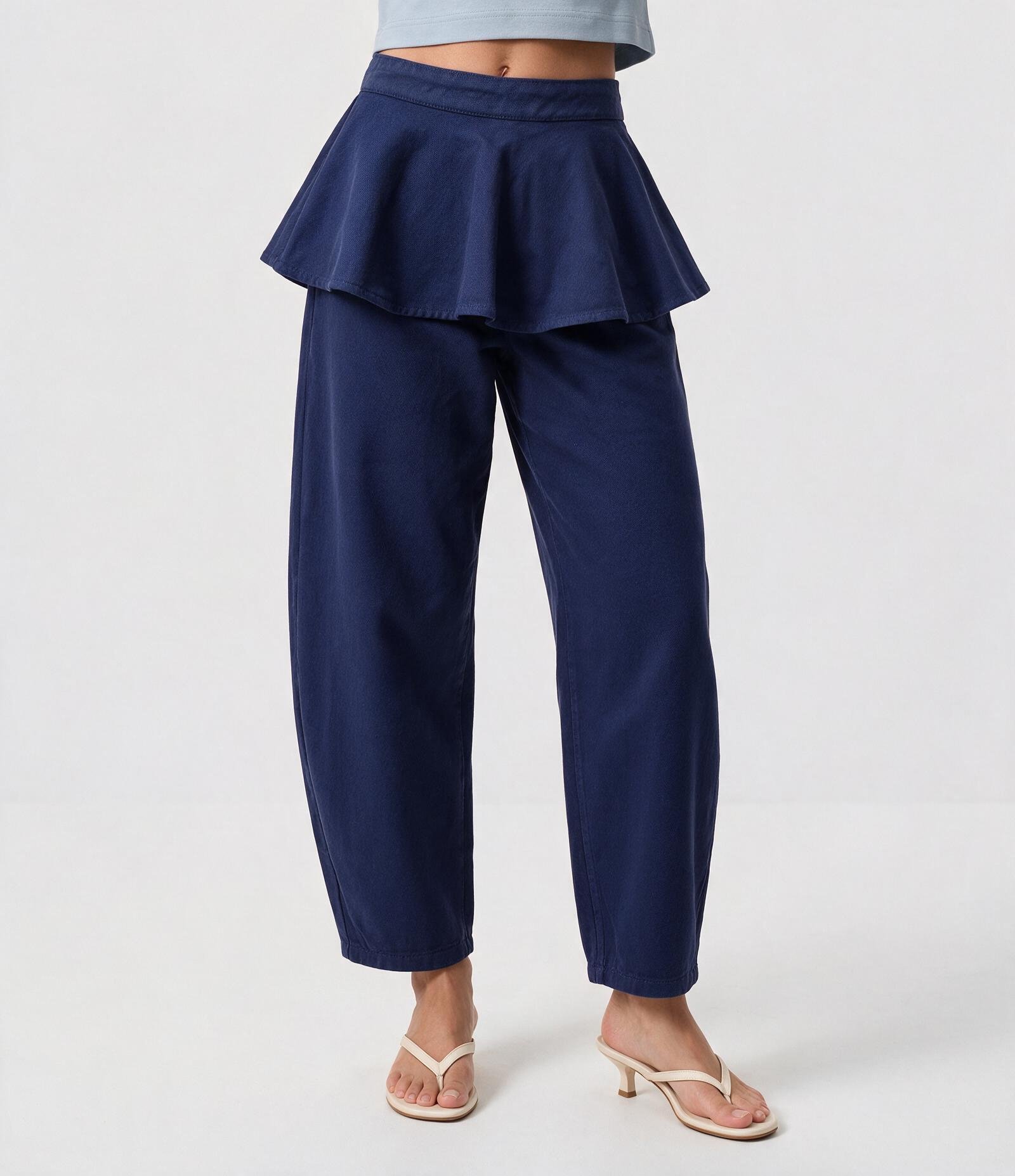 Calça Barrel em Sarja com Peplum Sobreposto e Cintura Alta Azul 2