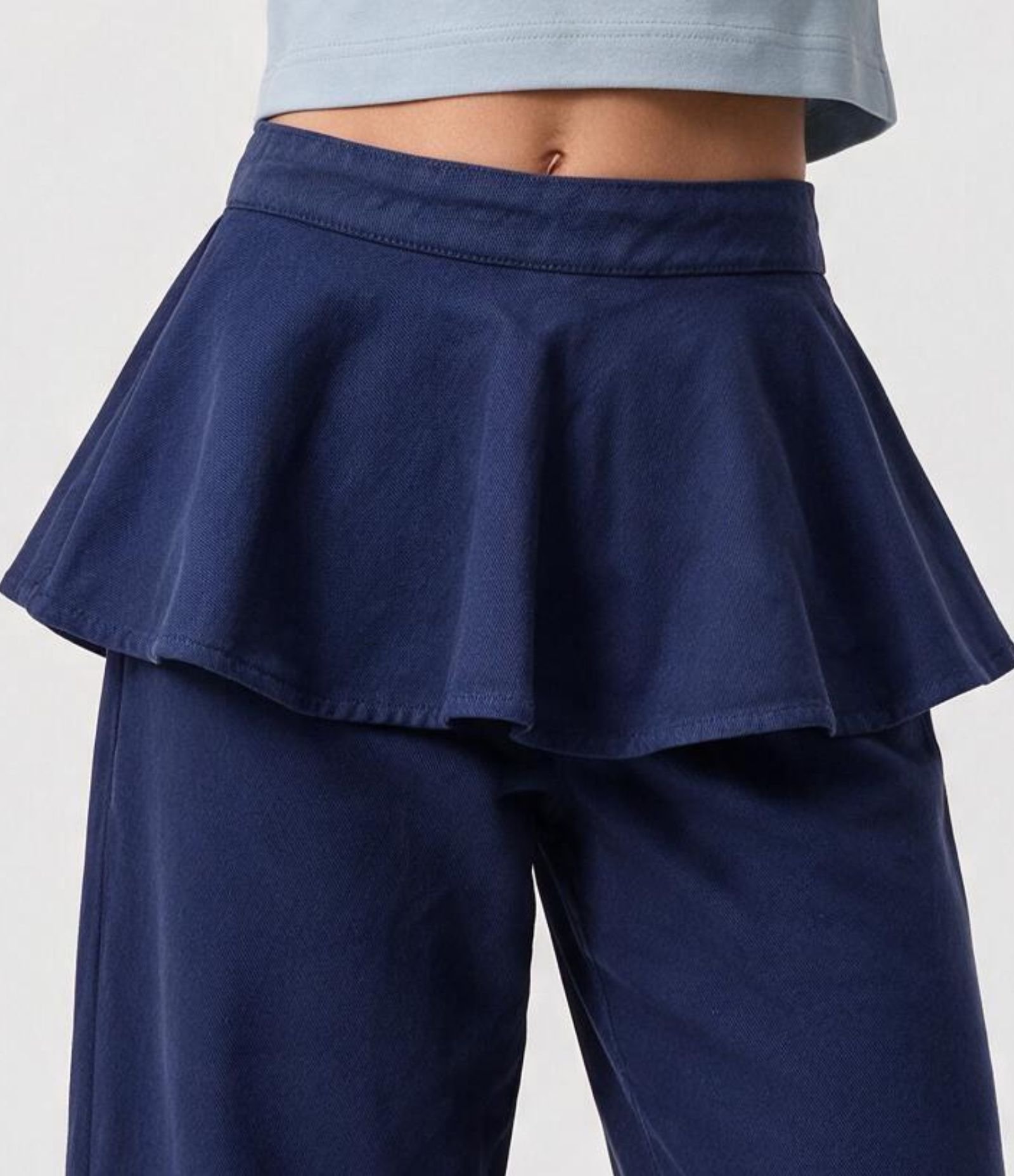 Calça Barrel em Sarja com Peplum Sobreposto e Cintura Alta Azul 3
