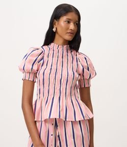 Blusa Listrada em Tricoline com Mangas Bufantes e Cintura Franzida