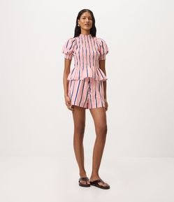 Blusa Listrada em Tricoline com Mangas Bufantes e Cintura Franzida