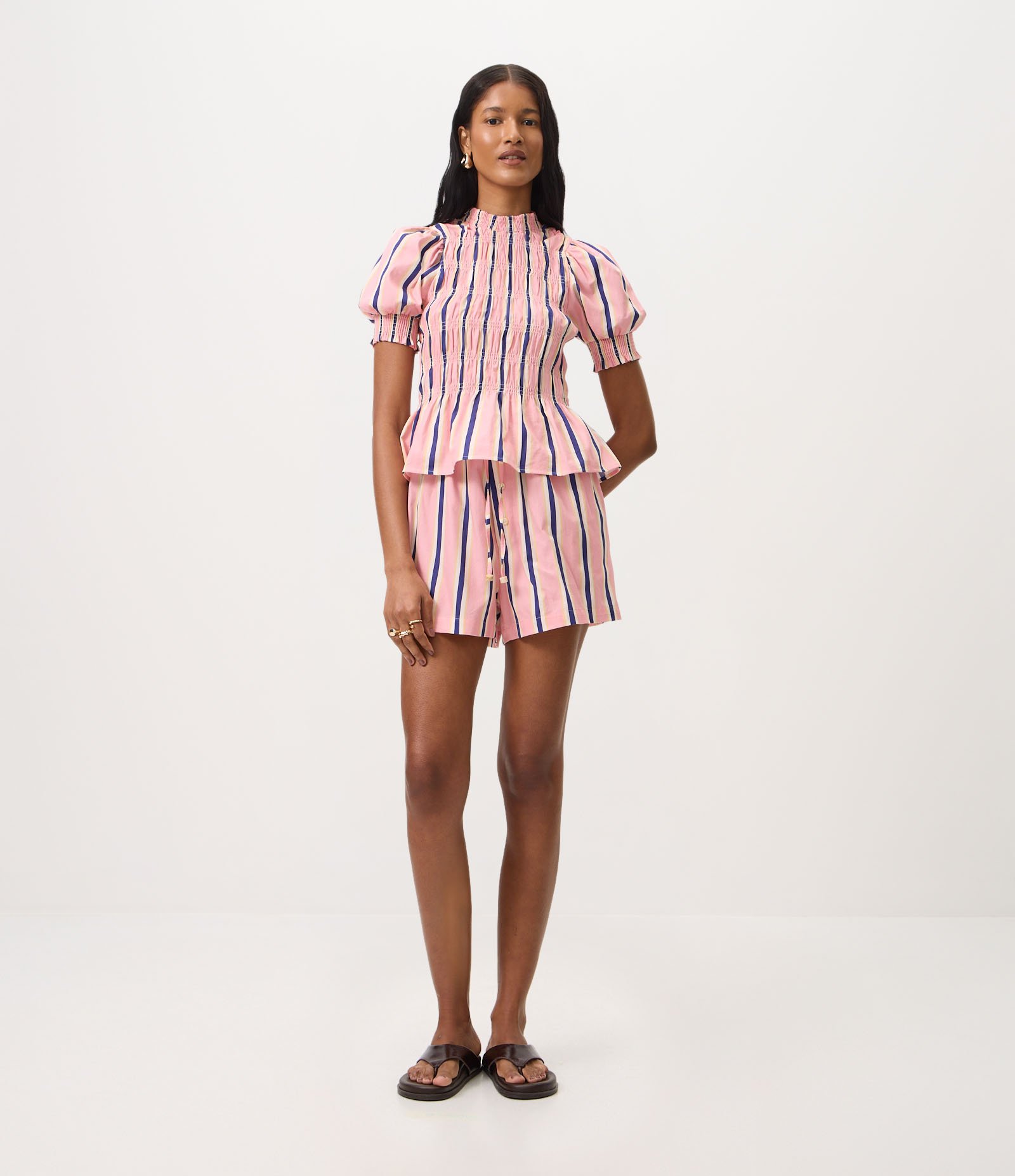 Short Listrado em Tricoline com Cós Duplo e Amarração Rosa 1