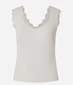 Blusa Regata com Renda Aplicada e Decote nas Costas
