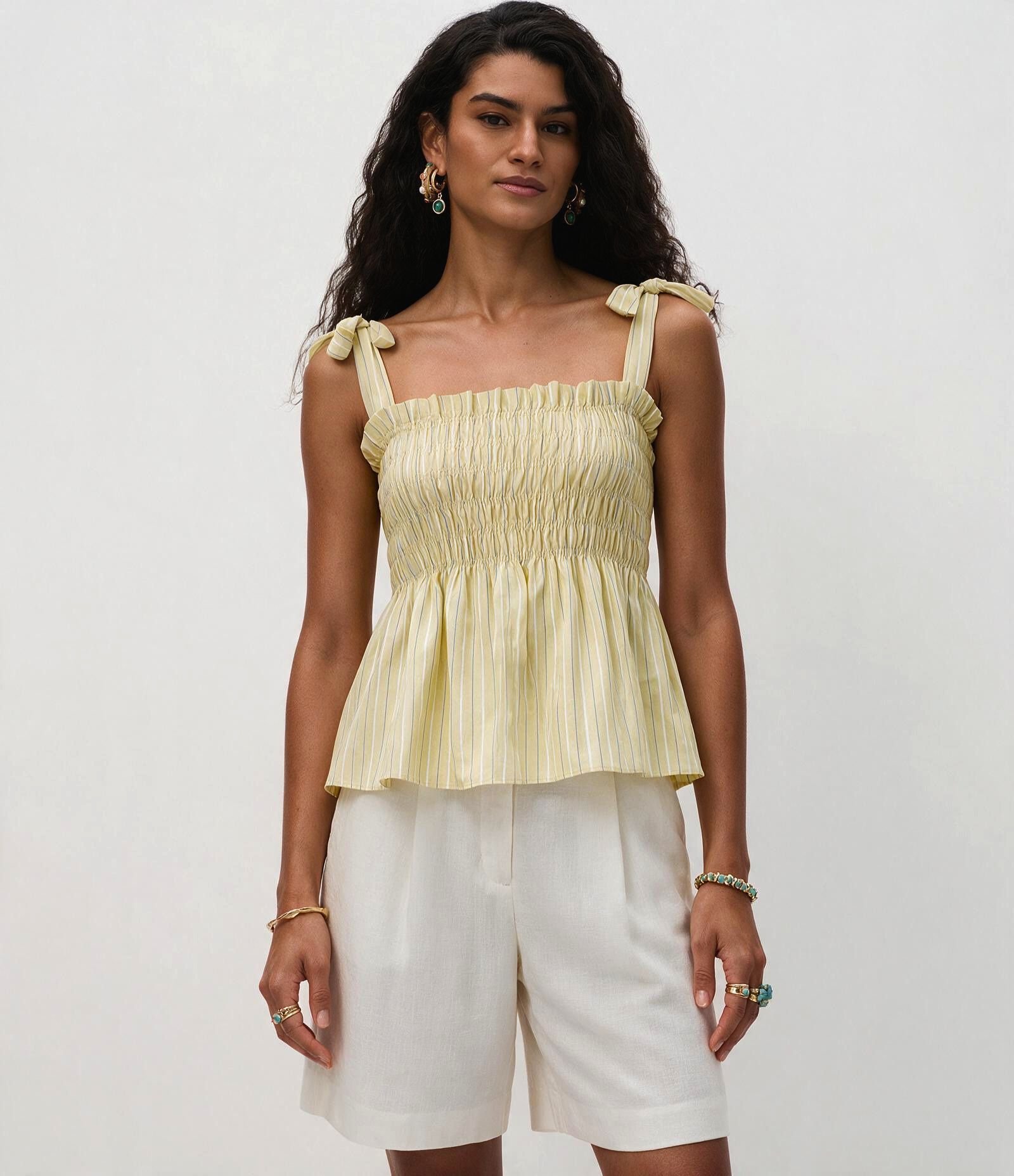 Blusa em Tricoline Listrado com Franzido e Alcinha de Laço Amarelo 1