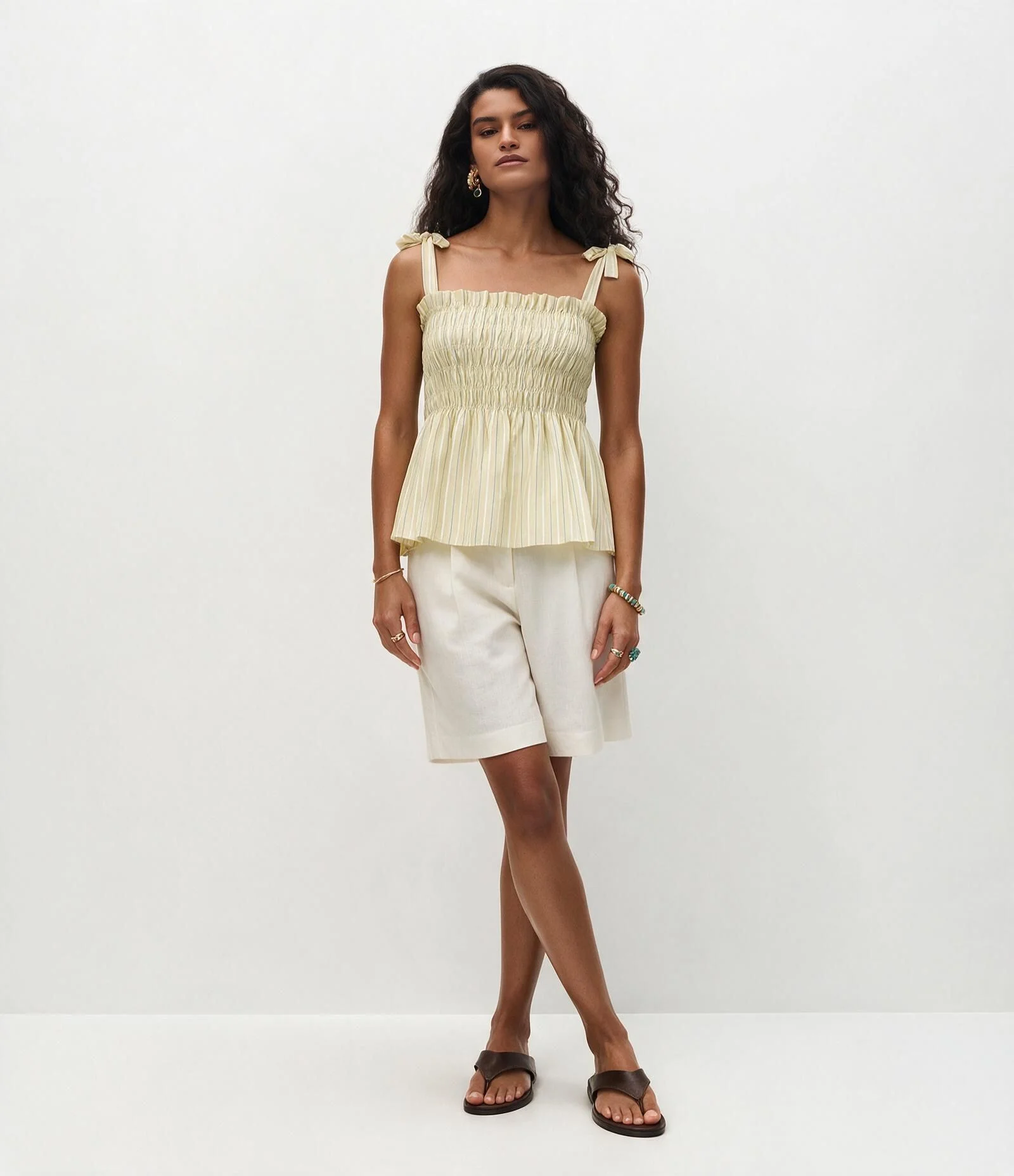Blusa em Tricoline Listrado com Franzido e Alcinha de Laço Amarelo 2