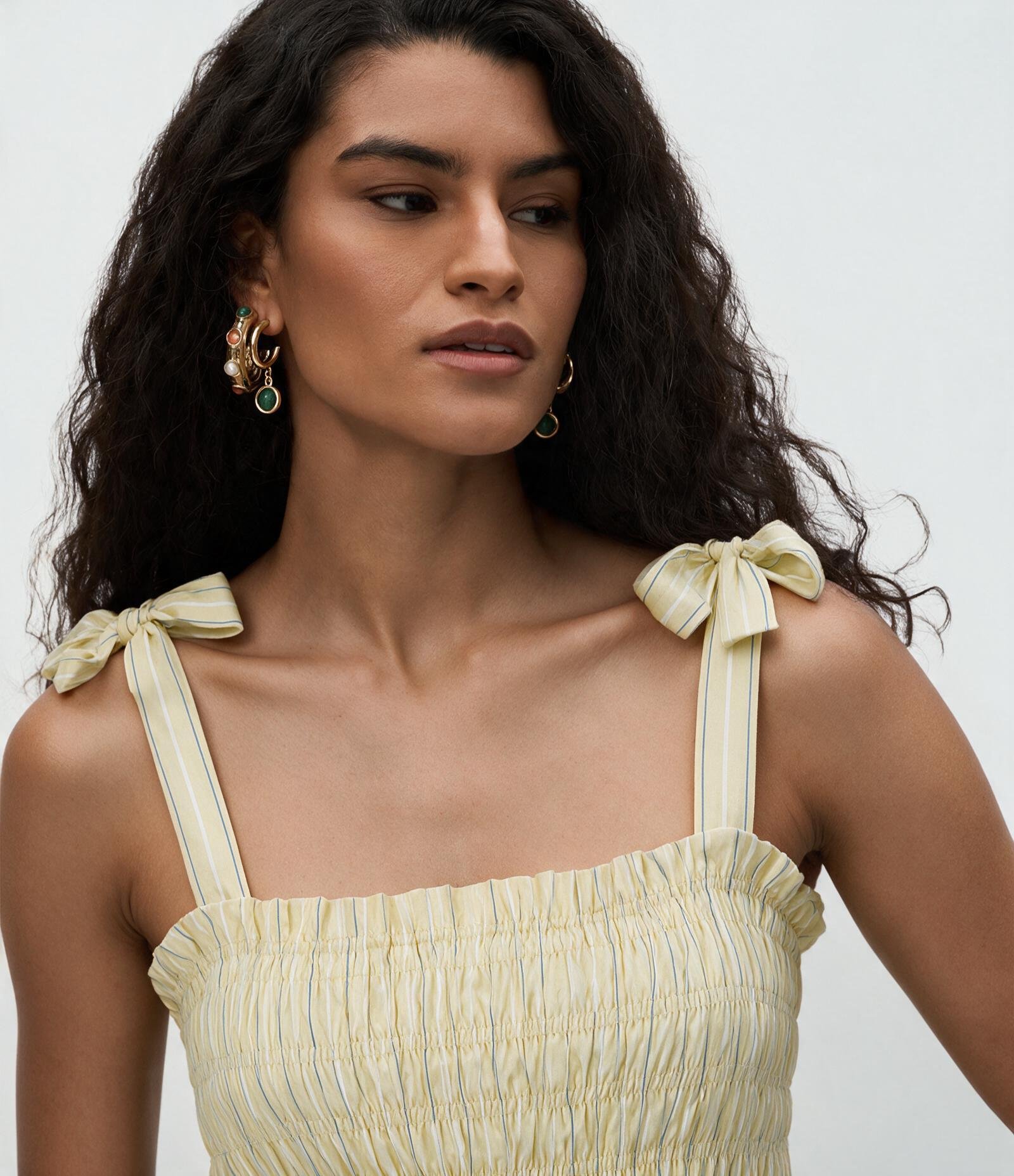 Blusa em Tricoline Listrado com Franzido e Alcinha de Laço Amarelo 3
