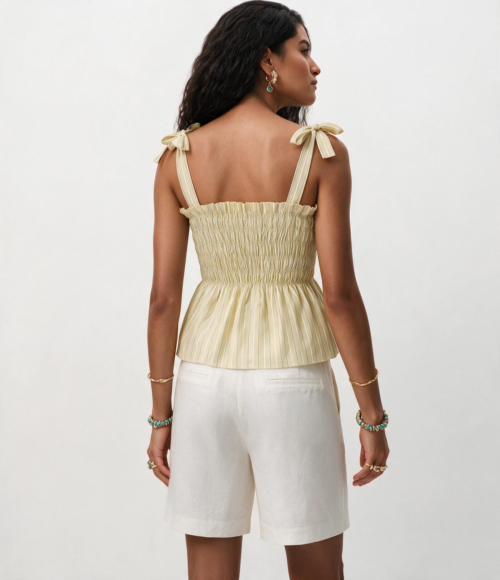 Blusa em Tricoline Listrado com Franzido e Alcinha de Laço Amarelo 4