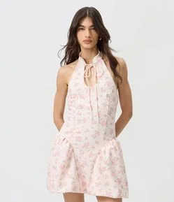 Vestido Halter Floral com Anquinhas e Decote Gota