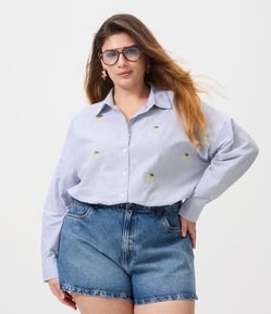Camisa Alongada de Algodão Listrada com Bordado Limão Curve & Plus Size
