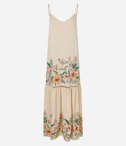 Vestido Longo em Tricoline com Estampa Floral e Renda