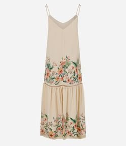 Vestido Longo em Tricoline com Estampa Floral e Renda