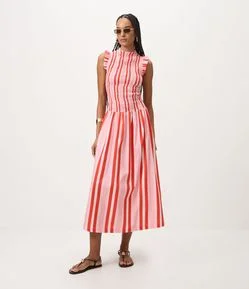 Vestido Midi em Tricoline Listrado e Lastex o Busto