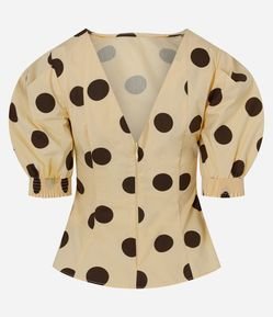 Blusa em Tricoline com Estampa Poá e Mangas Bufantes