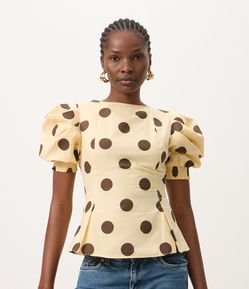 Blusa em Tricoline com Estampa Poá e Mangas Bufantes
