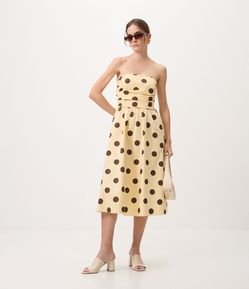 Vestido Midi em Tricoline Poá com Decote Tomara que Caia