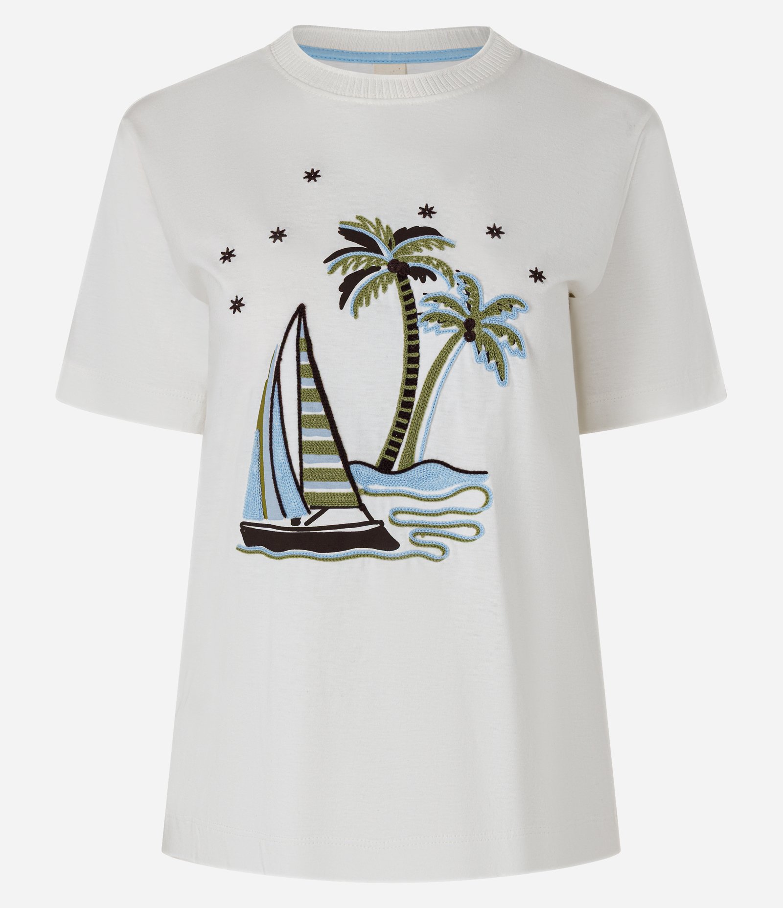 Camiseta em Algodão com Bordado de Barco e Coqueiros Branco 1