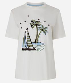 Camiseta em Algodão com Bordado de Barco e Coqueiros