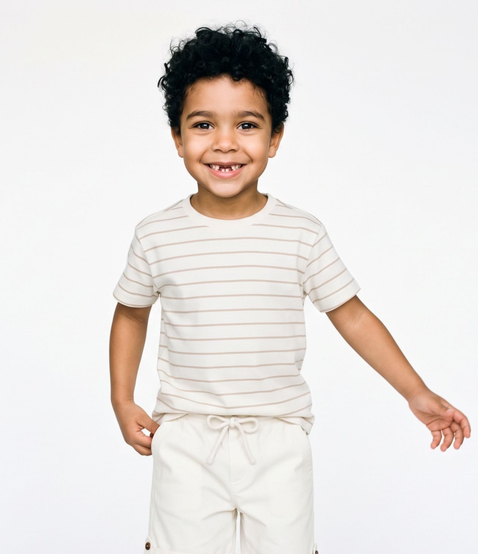 Camiseta Infantil Texturizada com Listras - Tam 1 a 6 Anos Bege 1