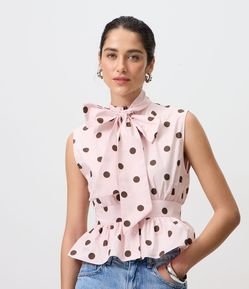 Blusa em Tricoline com Gola Laço e Estampa Poá