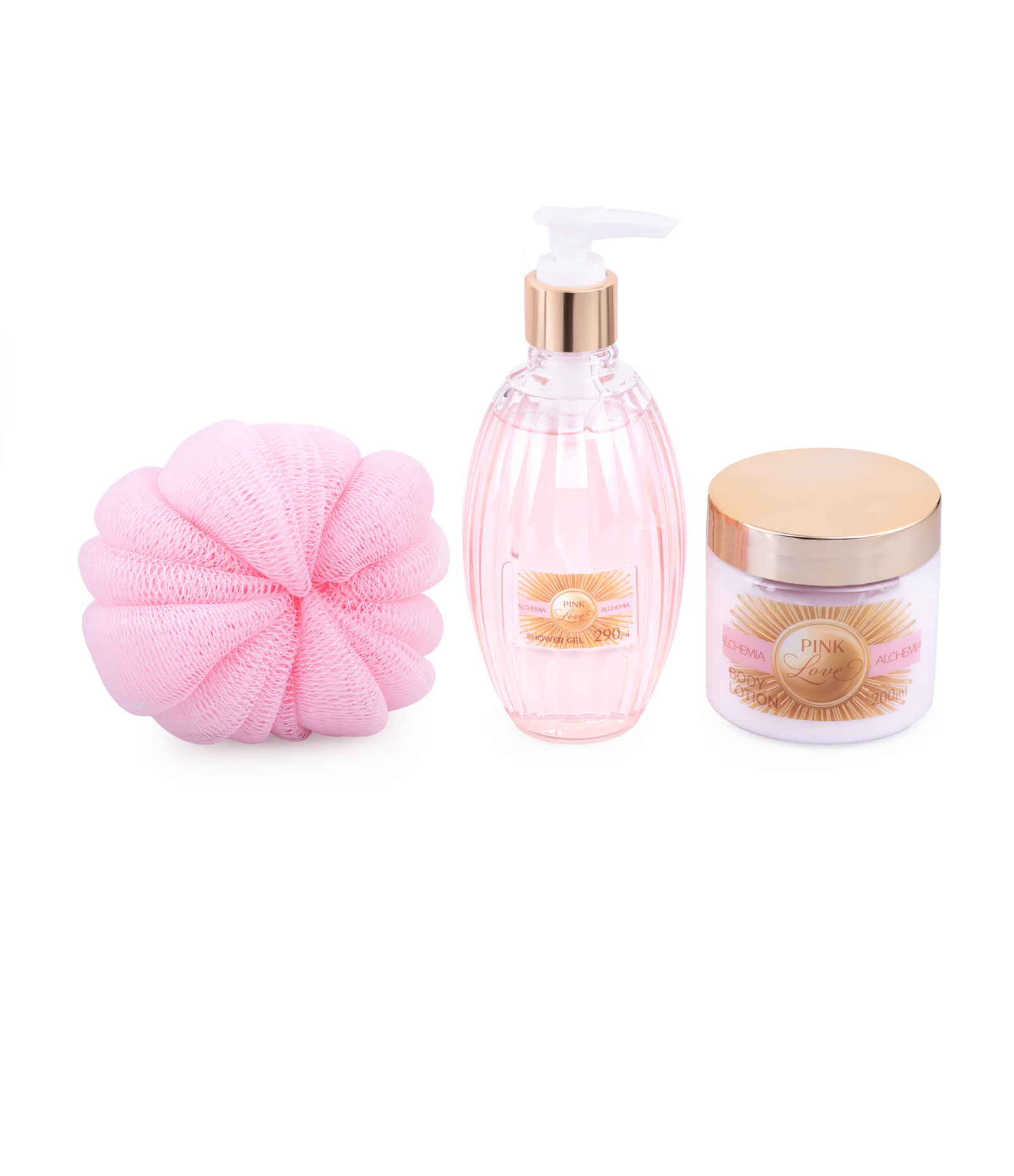 Kit Pink Love com Sabonete Esfoliante + Hidratante Corporal + Esponja de Banho Alchemia KIT 3