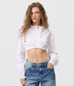 Camisa Cropped em Tricoline com Gola Rufo e Bordado Inglês