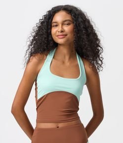 Blusa Frente Única em Microfibra Bicolor com Recorte Curvo