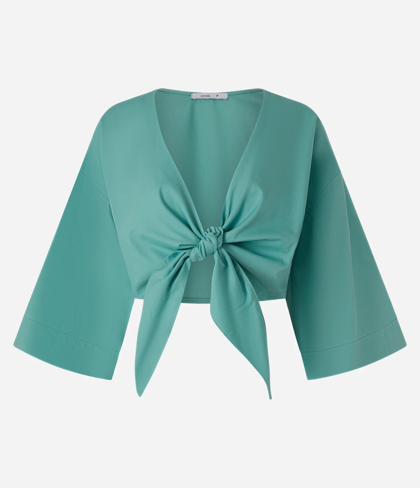 Blusa Cropped em Tricoline com Amarração Frontal e Mangas Amplas Verde 1