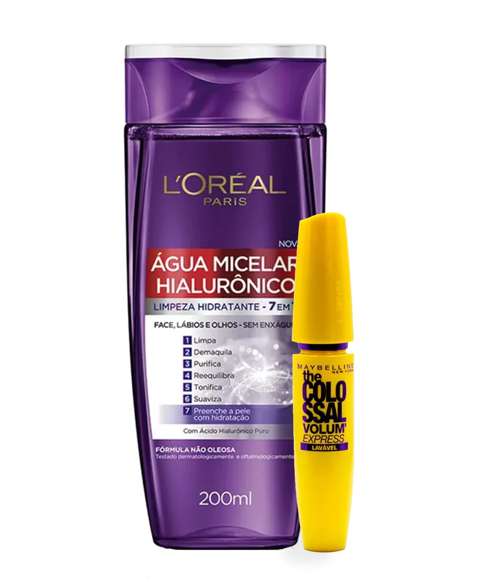 Kit Micelar Ácido Hialurônico 200ml + Máscara de Cílios Maybelline The Colossal Volum' Express Lavável Preto KIT 1
