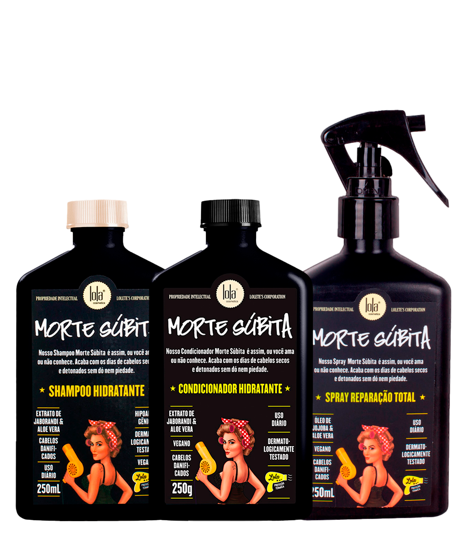 Kit Shampoo Hidratante Morte Súbita Lola Cosmetics 250ml + Condicionador Hidratante Morte Súbita Lola Cosmetics 250g + Leave In Reparação Total Morte Súbita Lola Cosmetics 250ml KIT 1